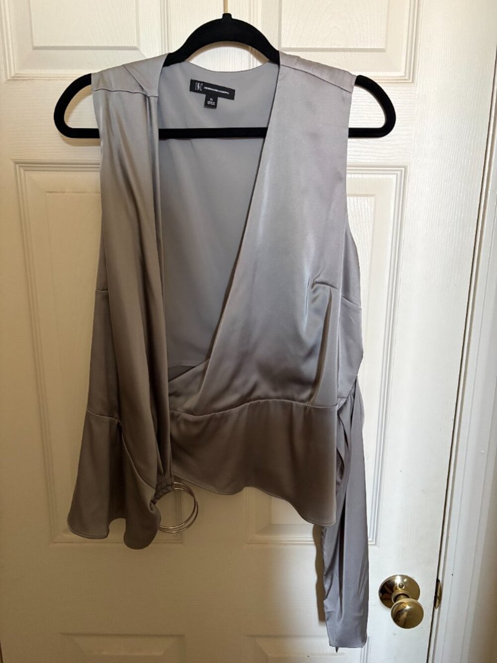 INC Sleeveless Wrap-style Blouse in a Metallic Silver Satin (XL) - Picture 6 of 6